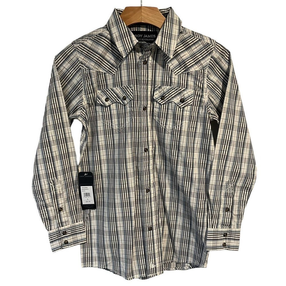 Cody James Boys XS White Blue Plaid Western Pearl Snap Shirt